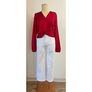 Haven Blair London Red Twist Front Blouse Womens Medium Long Sleeve V Neck Top